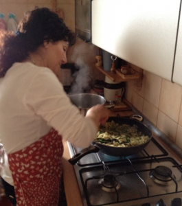 My cousin, Graziella cooking home made pasta, with vegetables from the garden. Delicious!