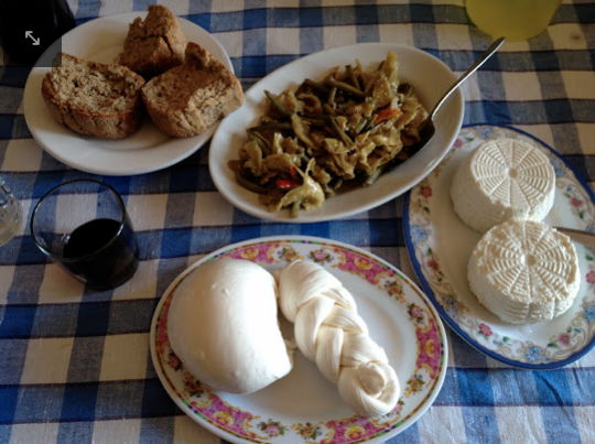 A typical lunch, fresh Mozzarella, fresh Ricotta,  made this morning down the road, homemade Bread from the bakery, homemade Pasta &  homemade wine, a feast for lunch at my families home in Agerola